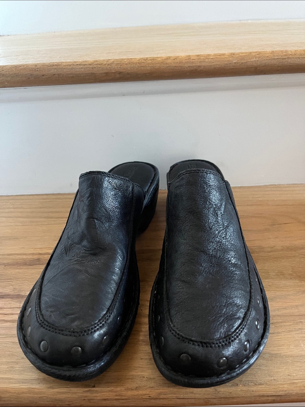 Born Black Leather Slip-On Clogs with Stud Accents